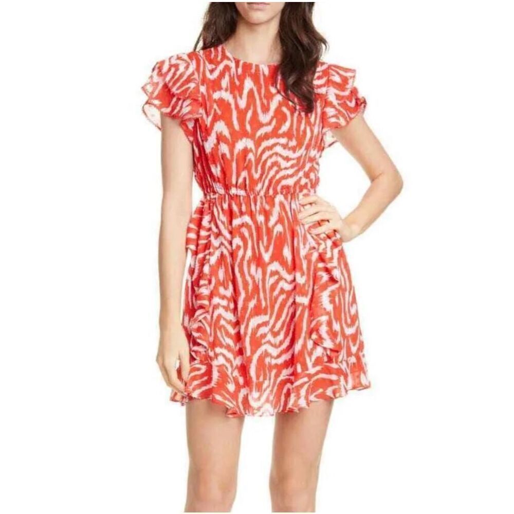 Anthropologie Dolan Women's Julia Clip Dot Jacquard Chiffon Dress Red Tiger Sz L